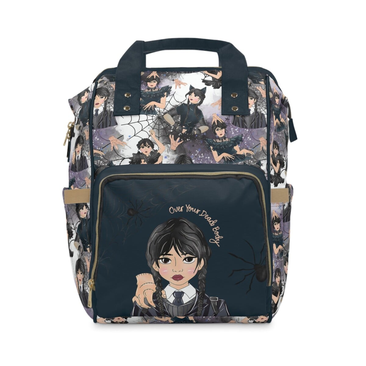 Navy Wednesday Addams diaper bag backpack with a chibi Wednesday on the front pocket and a character collage print, personalized with the baby's name.