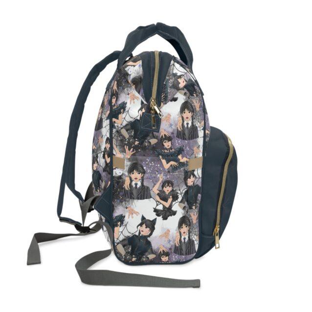 Side profile of the navy Wednesday Addams diaper backpack.