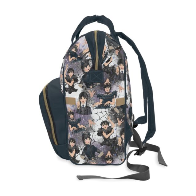 Side view of the Wednesday Addams nappy bag with the all-over Wednesday collage print.