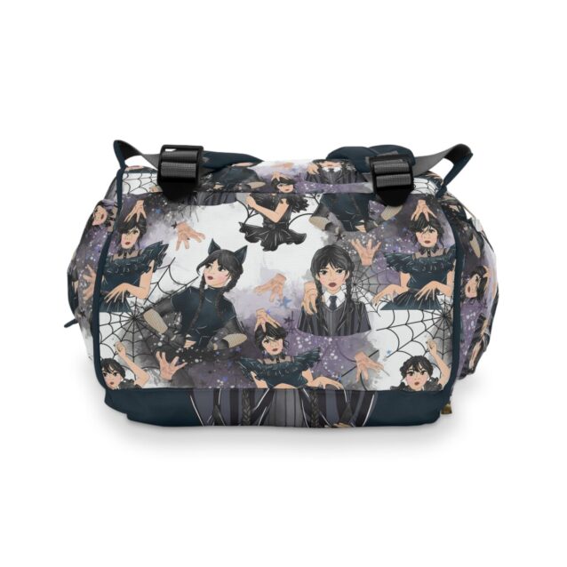 Top view of the Wednesday Addams diaper bag showing the wide-open main compartment.