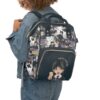 Wednesday Addams diaper bag worn as a backpack, spooky-cute Nevermore artwork.