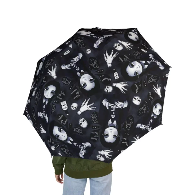 Underside of the Wednesday Addams umbrella showing its waterproof canopy.