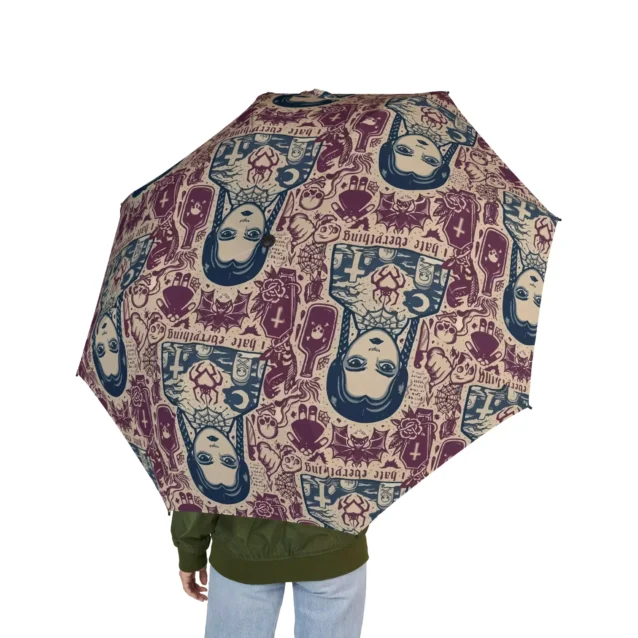 A child carrying the Wednesday Addams umbrella on the way to school.