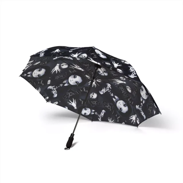 The Wednesday Addams umbrella folded to 20.5 inches, ready for a bag.