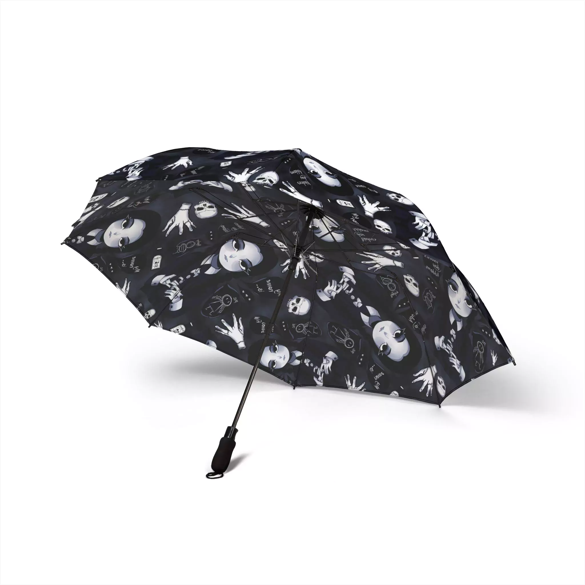 The Wednesday Addams umbrella folded to 20.5 inches, ready for a bag.