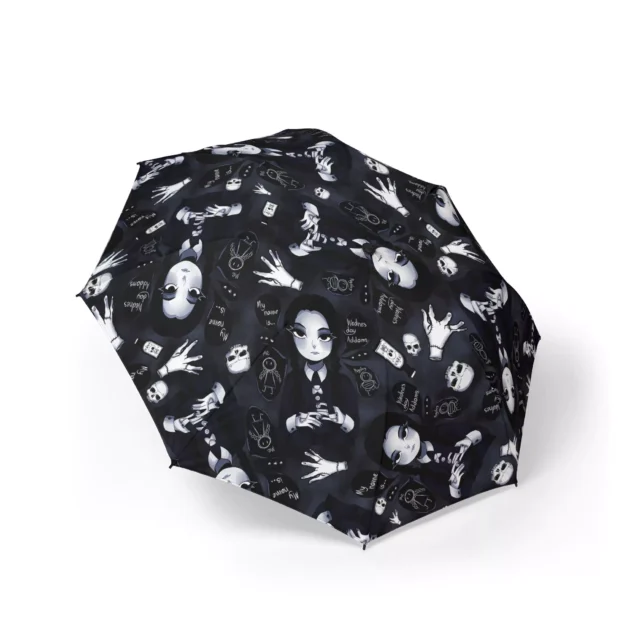 The Wednesday Addams Wednesday on Black umbrella, open and printed edge to edge.