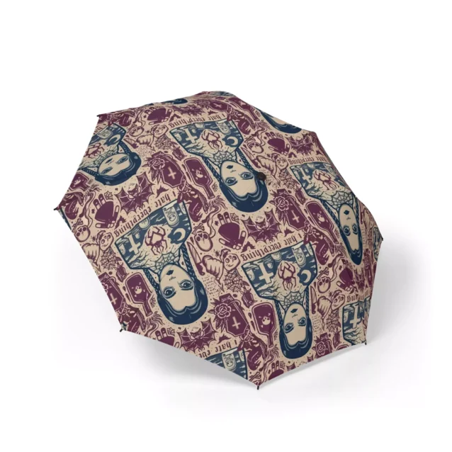 The Wednesday on Deep Red design on the Wednesday Addams umbrella, seen from above.