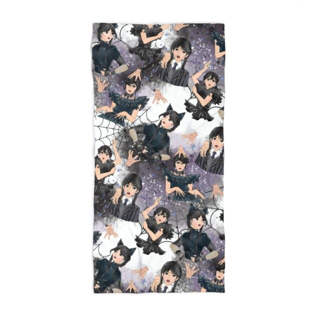 Shown here at 30 inches by 60 inches, the Wednesday swim towel in dark gothic style.