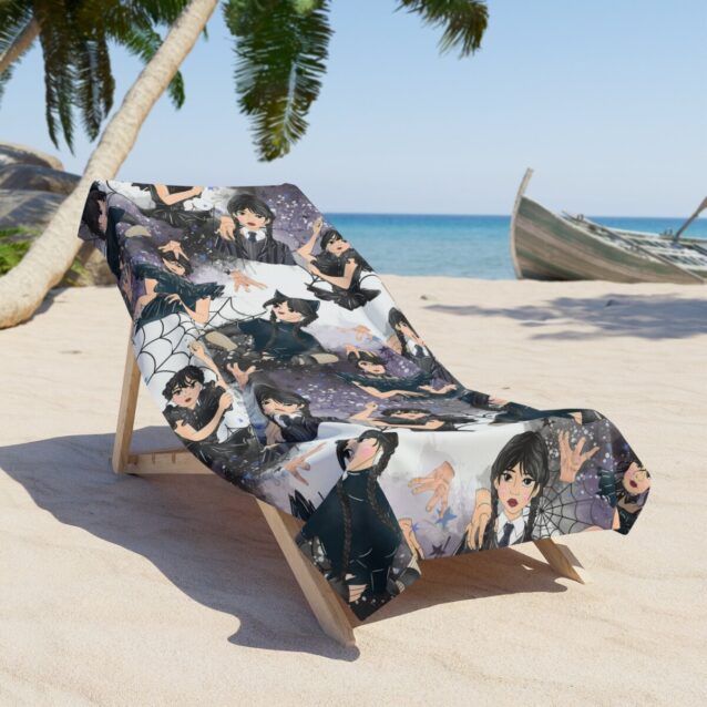 Personalized Wednesday beach towel with a printed name on soft superfine terry.