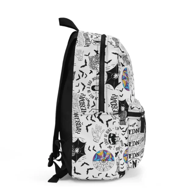 Right profile of the personalized gothic skulls Wednesday Addams daypack, highlighting the deep elastic side pocket perfectly sized for kids' water bottles.