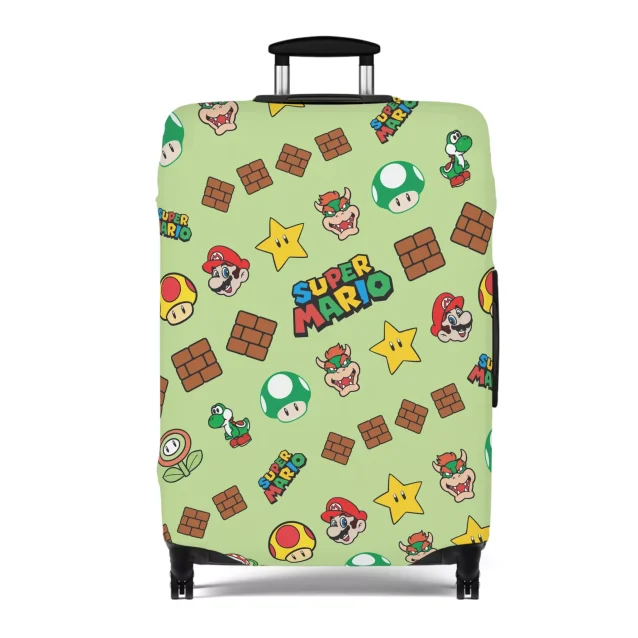 A luggage cover with a graphic of Super Mario and his friends, including Luigi, Princess Peach, and Toad.