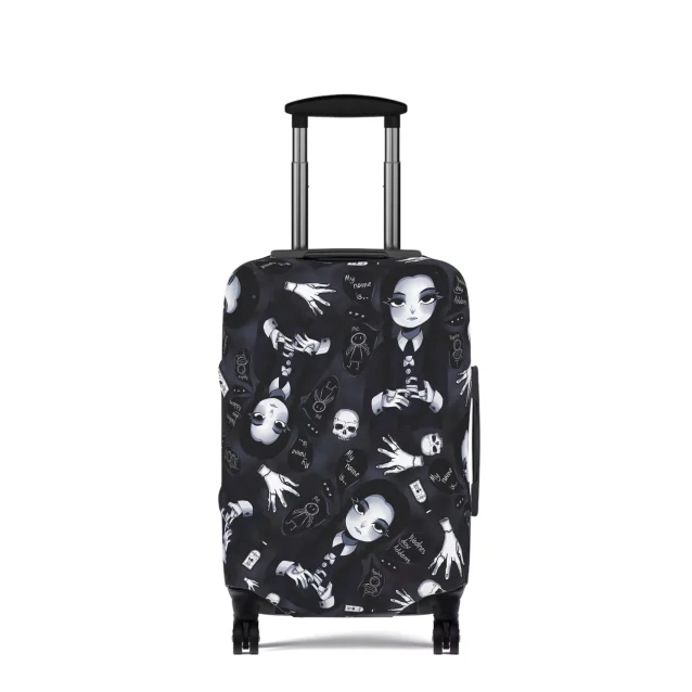 A waterproof luggage cover with a button zip and a graphic of Wednesday Addams.