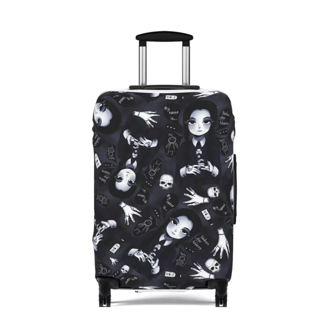 A luggage cover with a graphic of Wednesday Addams and the text “Wednesday Addams Travel Luggage Cover Spandex Suitcase Protector”.