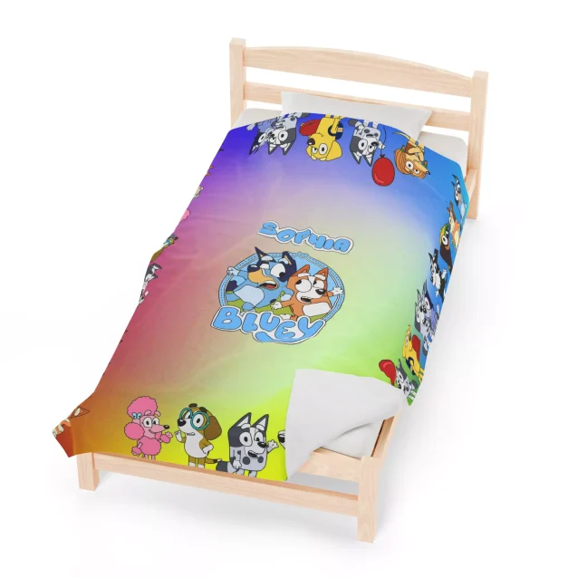 Fleece blanket with a fun Bluey & Bingo design and personalization