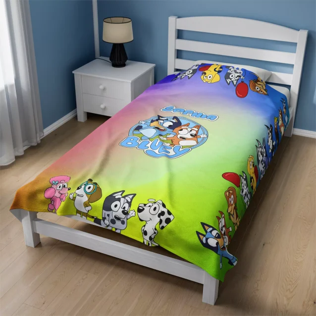 Stay warm with this personalized fleece blanket featuring Bluey & Bingo