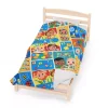 Multiple Cocomelon fleece blankets laid out, showcasing different sizes available