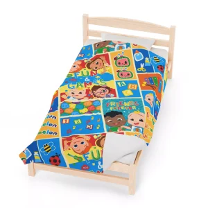 Multiple Cocomelon fleece blankets laid out, showcasing different sizes available