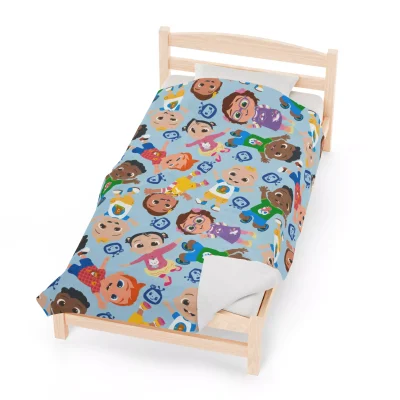 Cocomelon plush blanket in vibrant blue, machine washable for easy care.