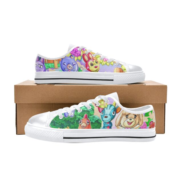 Close-up of the green leaf graphic pattern on the Animal Crossing children's footwear.
