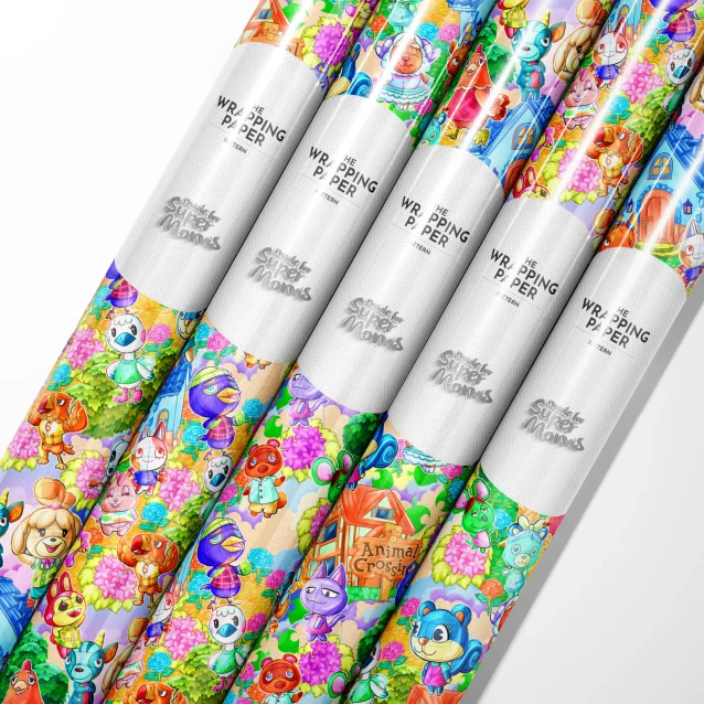 Close-up of vibrant Animal Crossing characters on glossy wrapping paper.
