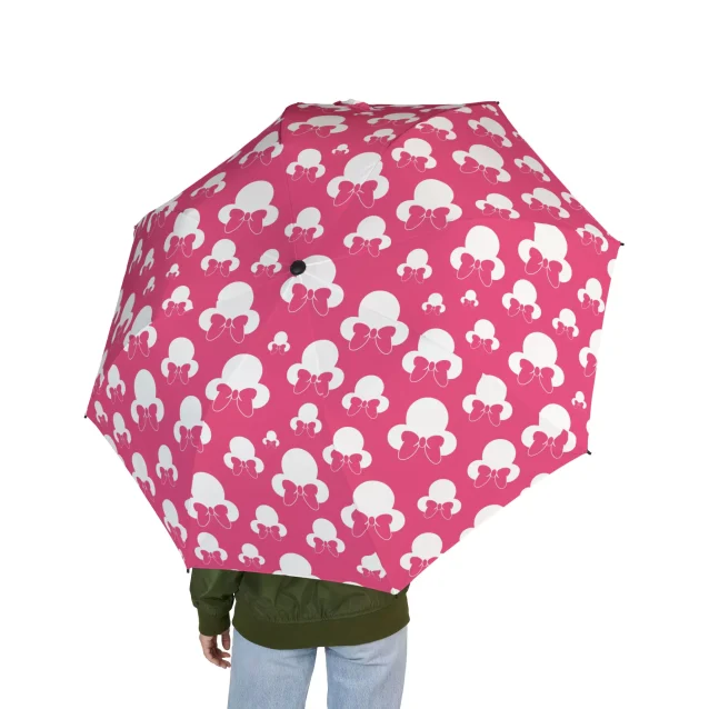 A collage of images showcasing the Minnie Mouse umbrella in different settings: rain, sun, and being carried.