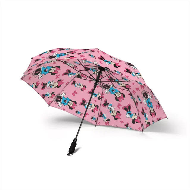 A close-up of the vibrant Minnie Mouse design on the umbrella's canopy.