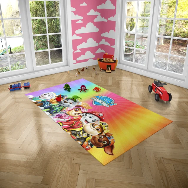 Soft and cuddly Paw Patrol rug brings the Adventure Bay rescue team to your child's room.
