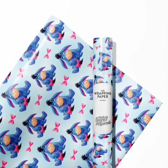 Gift wrap featuring Winnie the Pooh characters with a blue background.