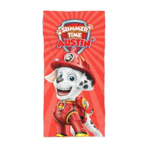 Red beach towel featuring Marshall, a brave firefighter Dalmatian from Paw Patrol. Perfect for Paw Patrol fans to dry off after a day at the beach.