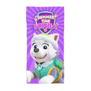 A personalized beach towel in bright purple with Everest, the adventurous Paw Patrol husky. Great for swimming fun and showing off your Paw Patrol spirit.
