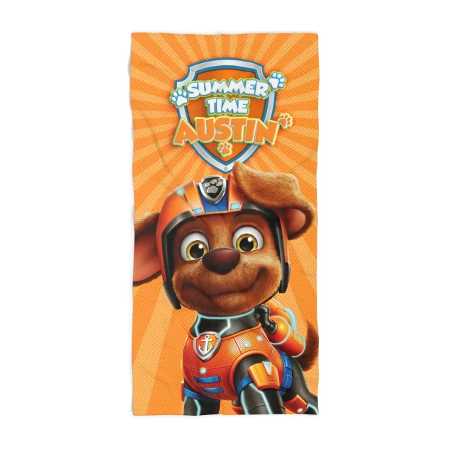Bright orange Paw Patrol beach towel featuring Zuma, the lovable pup in his yellow submarine. Perfect for drying off after a splash and personalized with your child's name.