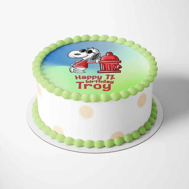 A delightful cake decoration featuring Snoopy and Charlie Brown.