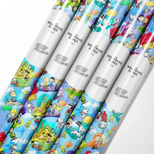 Multiple rolls of Snoopy wrapping paper in various sizes.