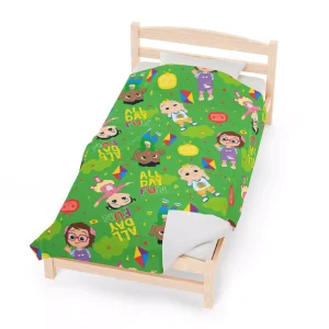 Bright green Cocomelon fleece throw brings playtime fun to bedtime cuddles.