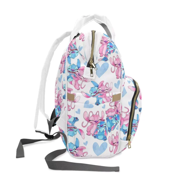 Disney's Lilo & Stitch diaper bag in white and pink, a fun and fashionable choice for parents on-the-go.