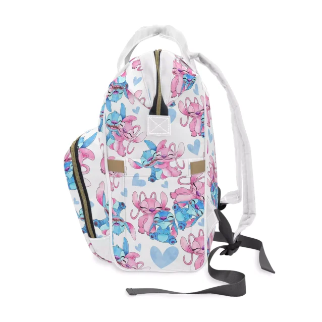 Functional and adorable white and pink diaper bag adorned with Disney's Lilo & Stitch characters.