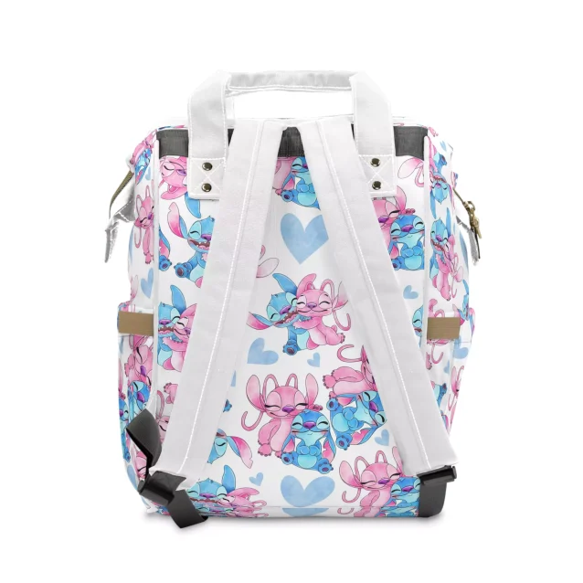 Playful white and pink diaper bag with Disney's Stitch and Lilo, perfect for adventures with your little one.