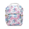 White and pink diaper bag featuring characters Stitch and Lilo from Disney's Lilo & Stitch.