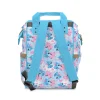 A colorful diaper bag featuring Lilo & Stitch, with compartments to store bottles, diapers, and wipes in style.