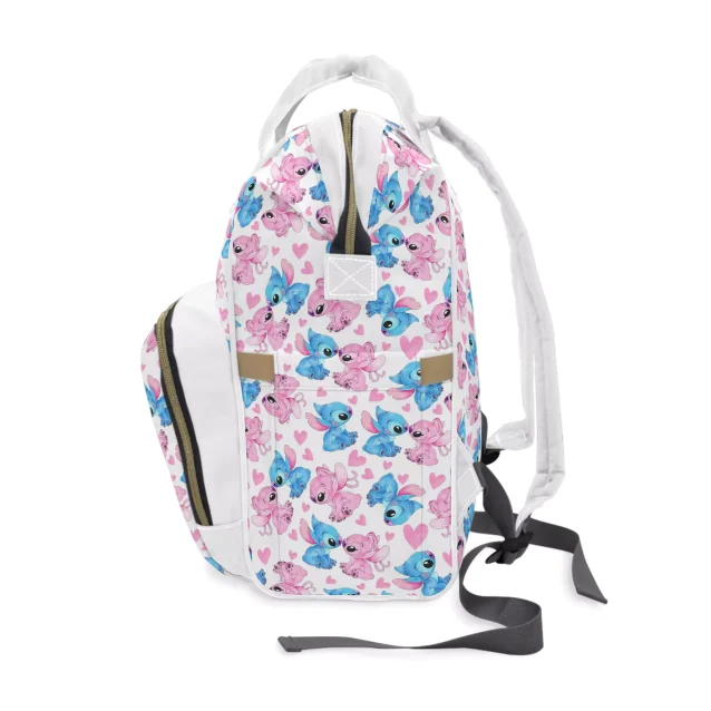 Functional and fun, this white diaper bag with pink and blue trim showcases Disney's Lilo & Stitch. Ideal for on-the-go parents!