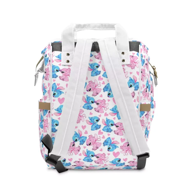 Make diaper duty delightful with this white diaper bag trimmed in pink and blue. It showcases the adorable duo, Lilo & Stitch, from Disney.
