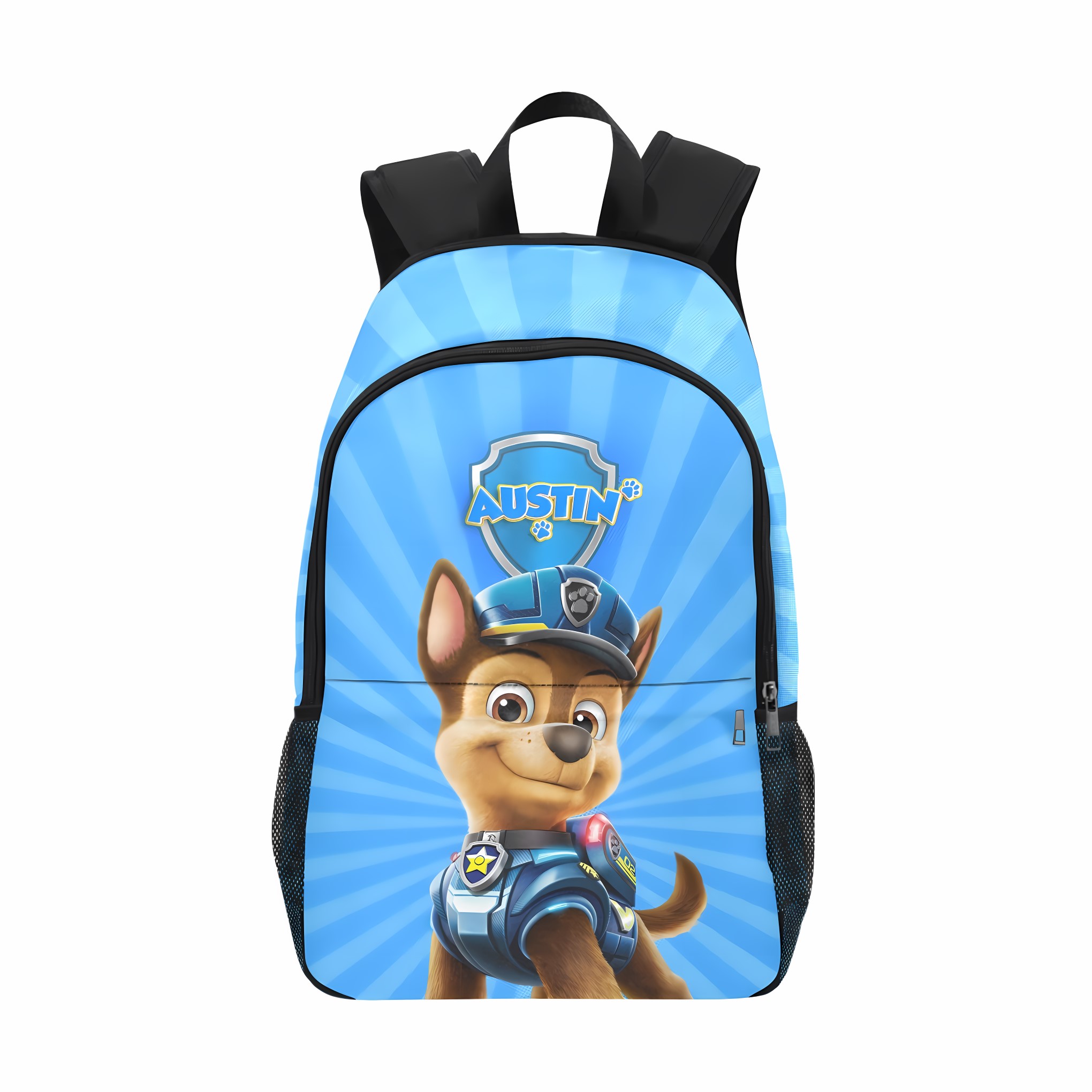 Personalized Paw Patrol Chase backpack in blue. This durable backpack features a large compartment, front pocket, side mesh pockets, and adjustable straps. Perfect for school, travel, or everyday adventures. (Add your child's name!)