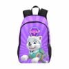 Child wearing a bright purple Paw Patrol backpack with Everest, the snow rescue pup. The backpack has padded shoulder straps for comfort and mesh pockets for a water bottle.