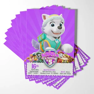 It's a snowy rescue birthday! This Paw Patrol invitation lets you personalize it with your child's name and party info, all featuring Everest, the brave mountain pup.