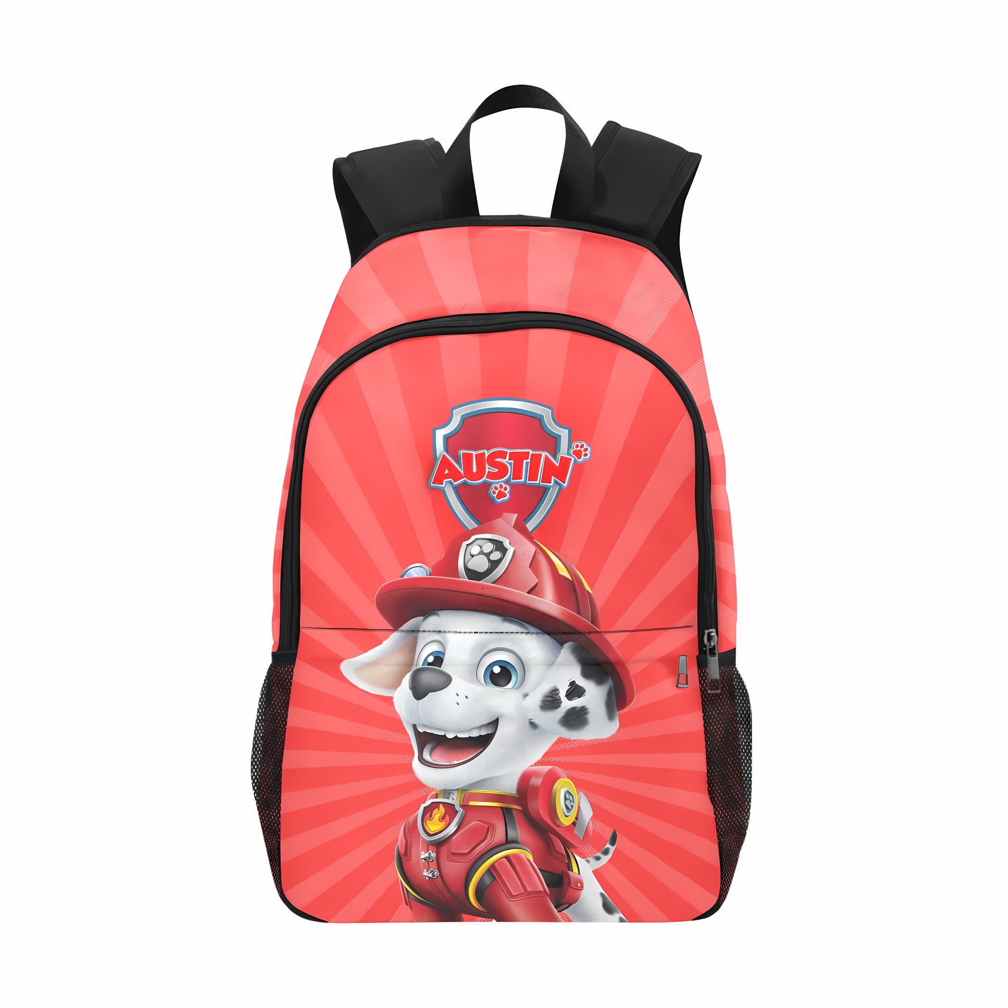 Personalized red Paw Patrol Marshall backpack with adjustable straps, perfect for school, travel, or everyday adventures. Durable construction with multiple compartments and side mesh pockets. (Marshall the fire pup is featured on the front!)