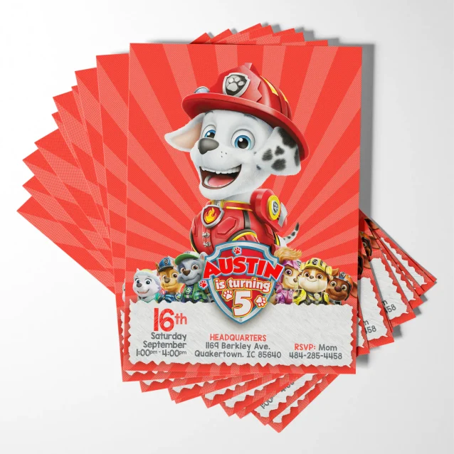 Paw Patrol birthday bash! Invite your pup pals to a roaring good time with this personalized Marshall birthday invitation.
