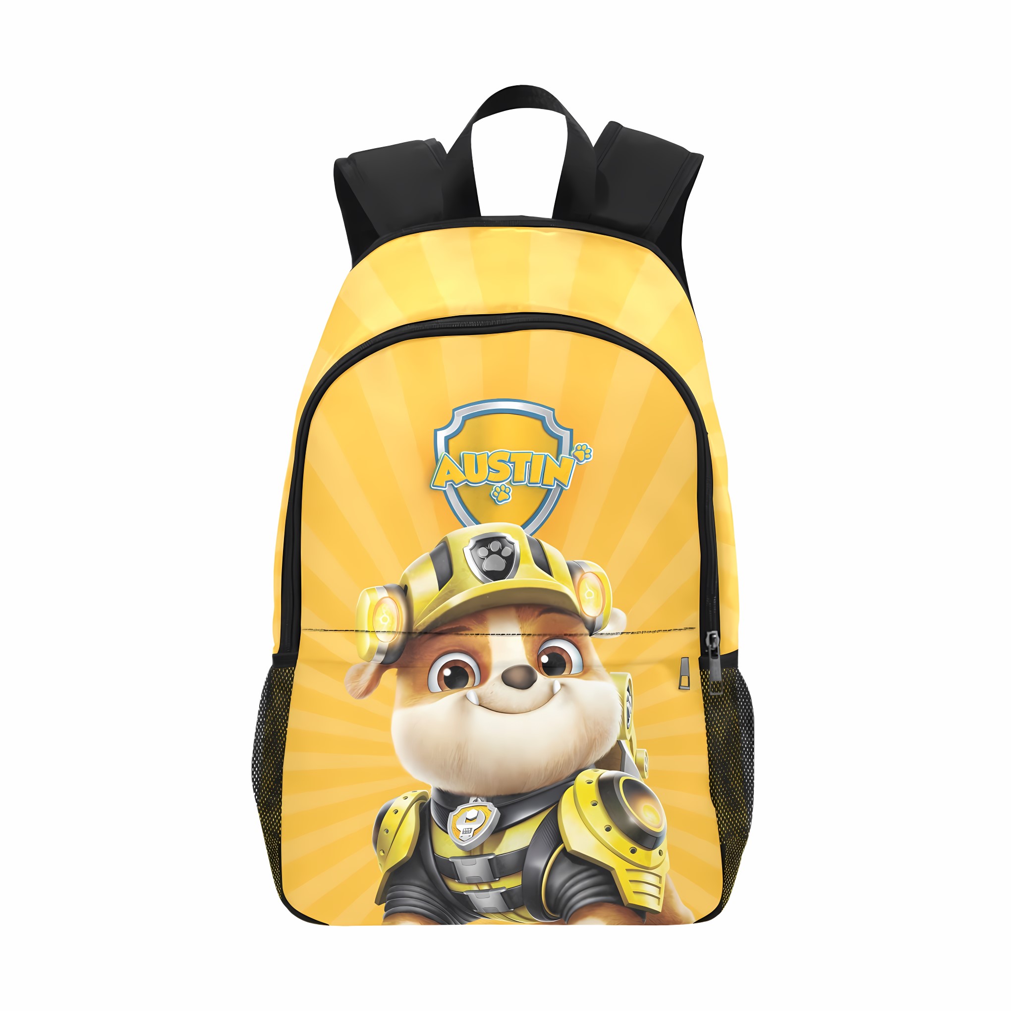 Child wearing a bright yellow Paw Patrol backpack with their name and an image of Rubble the bulldozer pup. The backpack has padded shoulder straps and side mesh pockets for a water bottle.