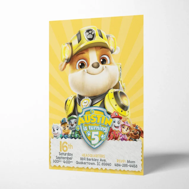 No job is too big, no pup is too small! Personalize this Paw Patrol birthday invitation featuring Rubble for a construction-themed party your little hero will love.