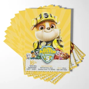 Calling all pups to the rescue! This personalized Paw Patrol invitation featuring Rubble is perfect for a digger-tastic construction themed birthday bash.