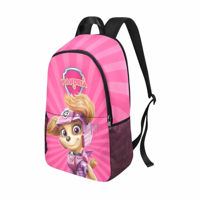 Child wearing a bright blue Paw Patrol backpack with an image of Skye the helicopter pilot pup. The backpack has padded shoulder straps and side mesh pockets for a water bottle.